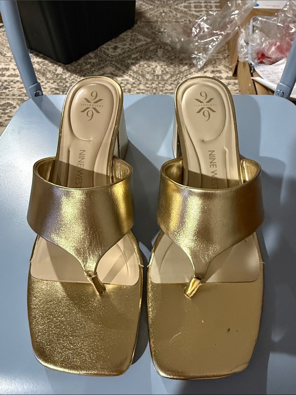 Nine West Metallic Gold Square-Toe Thong Mules